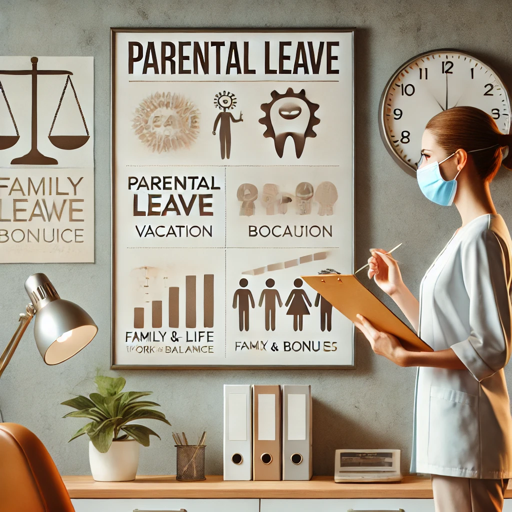 DALL·E 2024-11-13 10.26.27 - A professional setting in a dental office where a dentist, holding a clipboard, discusses parental leave policies with a colleague in front of a bulle